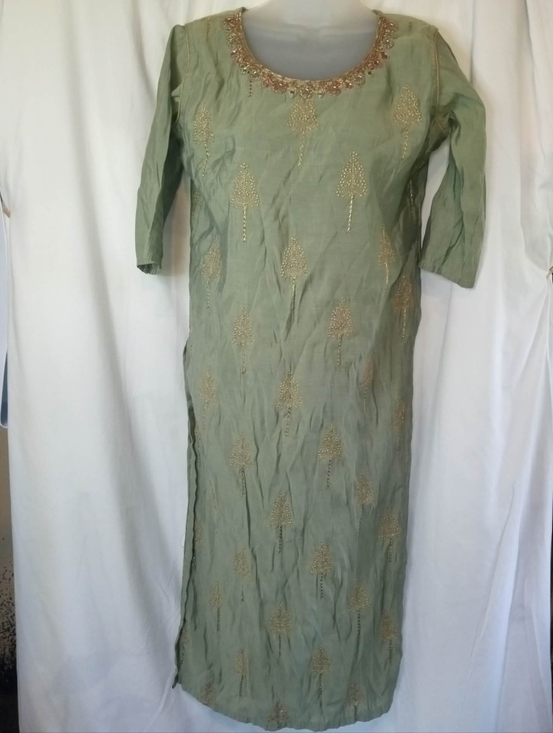 Rich Lady Dresses & Skirts - Sage Green Saree Embroidered Maxi Dress Gold Accents Rich Lady India Indian